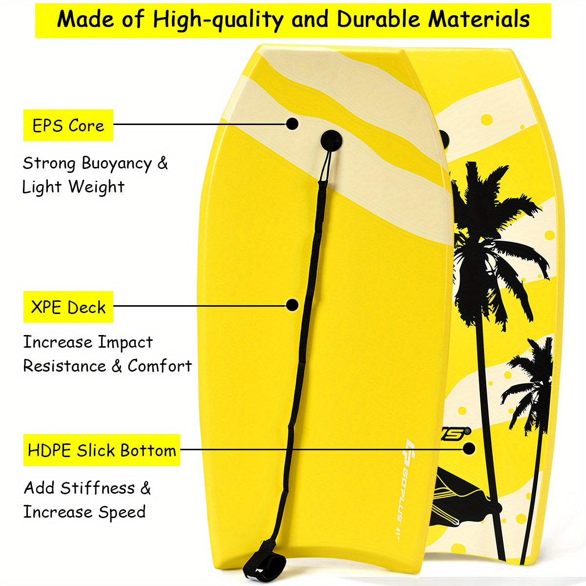 Yellow 41-Inch EPS Core Bodyboard with XPE Deck, HDPE Slick Bottom, Crescent Tail and Wrist Leash
