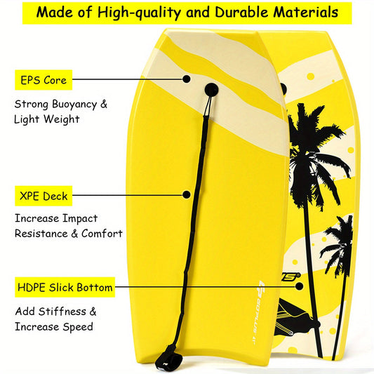 Yellow 41-Inch EPS Core Bodyboard with XPE Deck, HDPE Slick Bottom, Crescent Tail and Wrist Leash