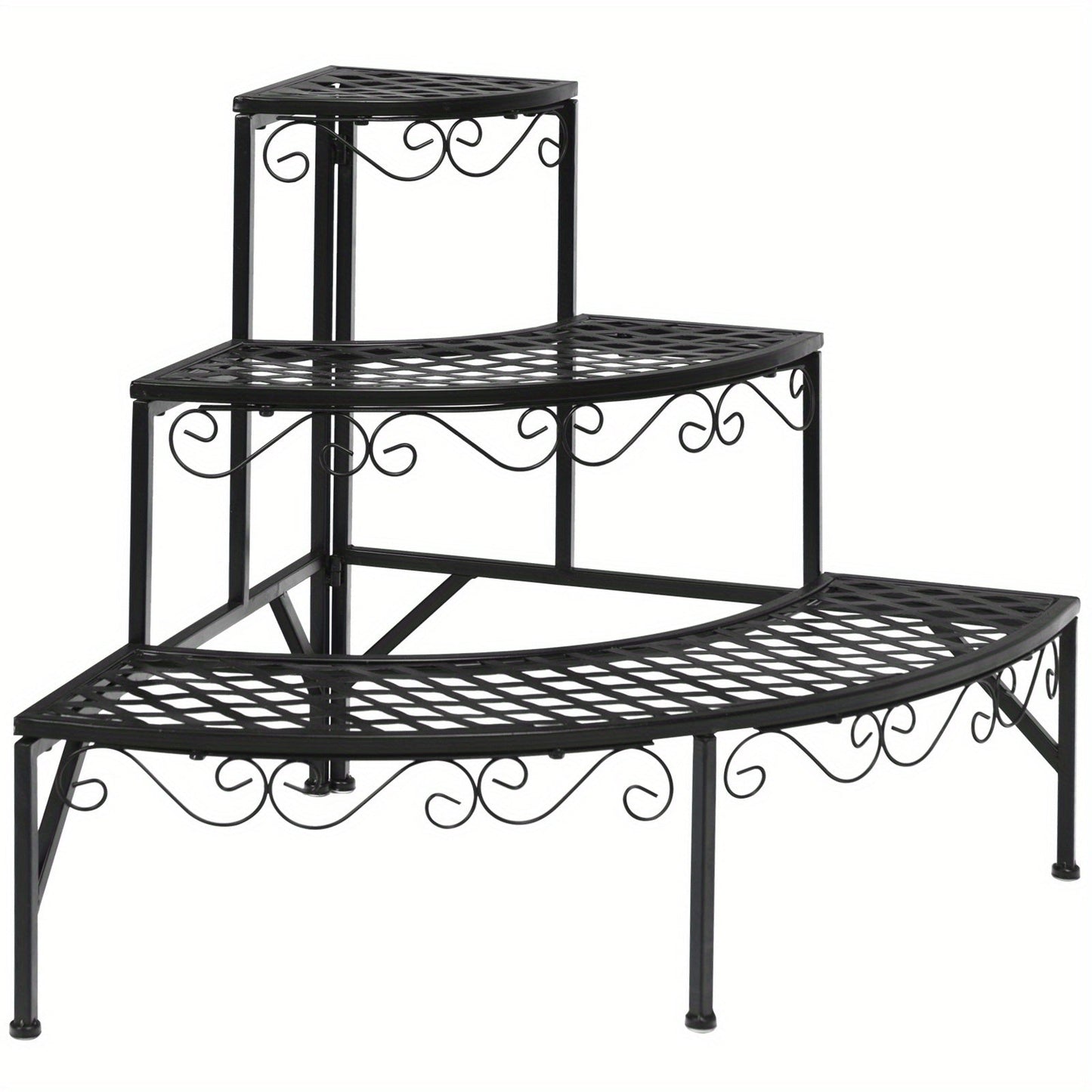 Three-Tier Black Metal Corner Plant Stand with Fan-Shaped Shelves, Scrollwork and Non-Slip Feet