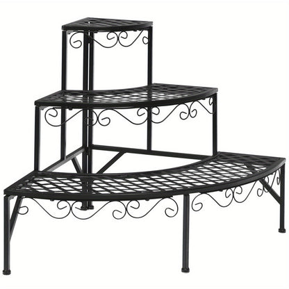 Three-Tier Black Metal Corner Plant Stand with Fan-Shaped Shelves, Scrollwork and Non-Slip Feet