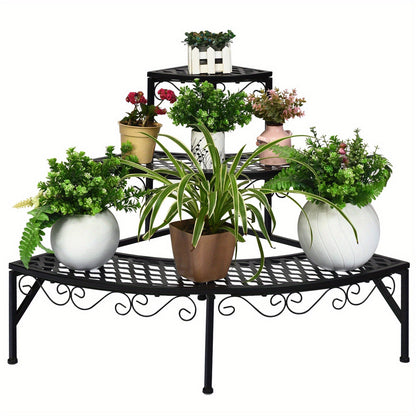 Three-Tier Black Metal Corner Plant Stand with Fan-Shaped Shelves, Scrollwork and Non-Slip Feet