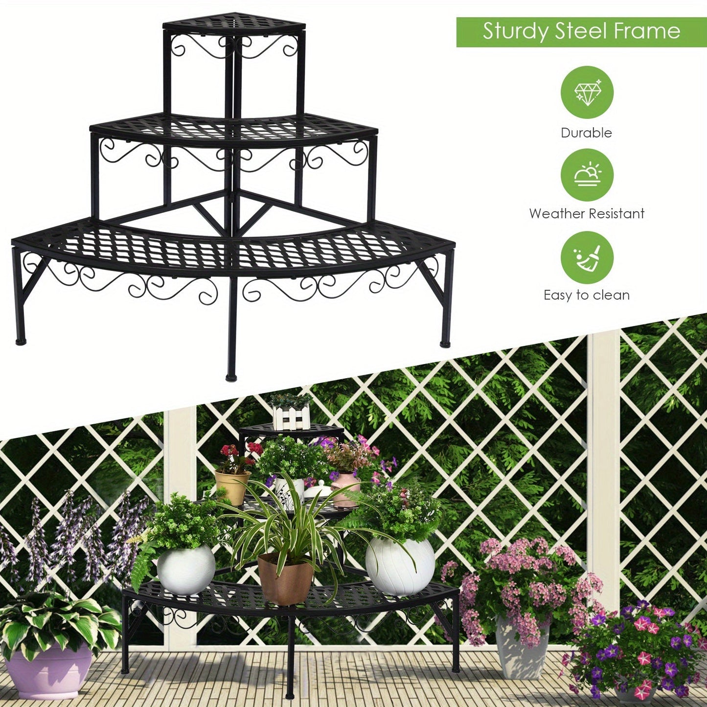 Three-Tier Black Metal Corner Plant Stand with Fan-Shaped Shelves, Scrollwork and Non-Slip Feet