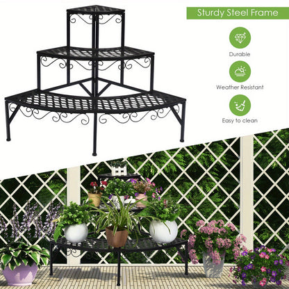 Three-Tier Black Metal Corner Plant Stand with Fan-Shaped Shelves, Scrollwork and Non-Slip Feet