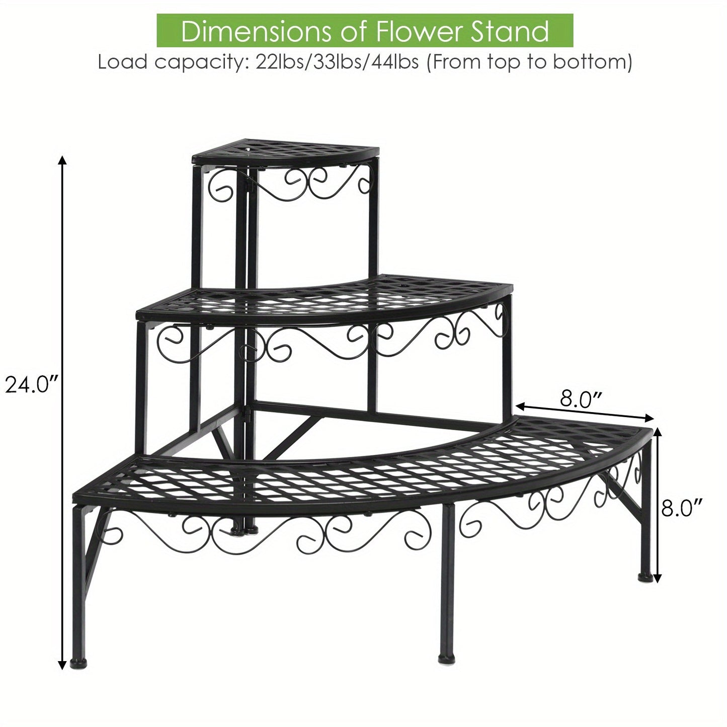 Three-Tier Black Metal Corner Plant Stand with Fan-Shaped Shelves, Scrollwork and Non-Slip Feet