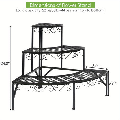 Three-Tier Black Metal Corner Plant Stand with Fan-Shaped Shelves, Scrollwork and Non-Slip Feet