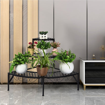 Three-Tier Black Metal Corner Plant Stand with Fan-Shaped Shelves, Scrollwork and Non-Slip Feet