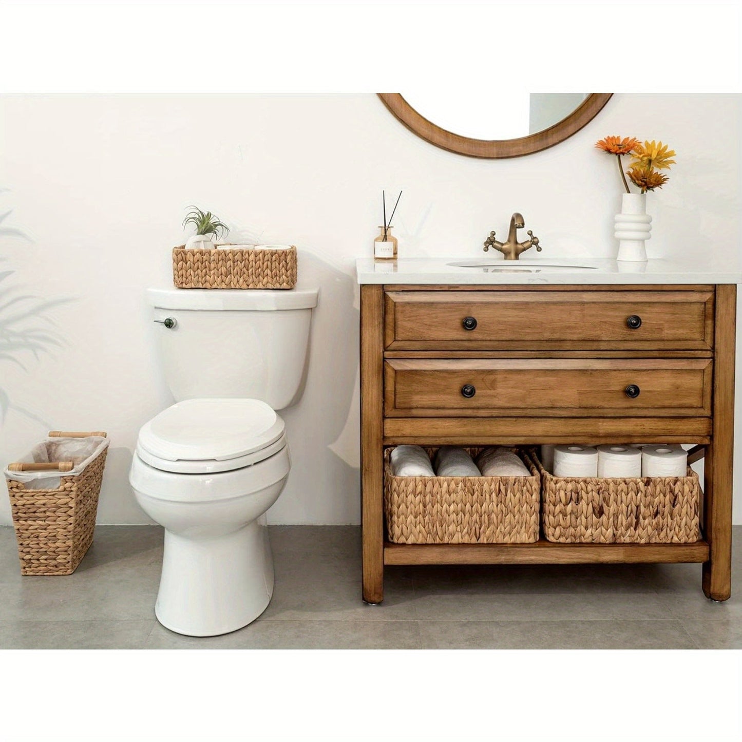 Storage Baskets, Seagrass and Water Hyacinth with Built-In Handles in Six Style Options with Material, Size and Pack Options for Shelf