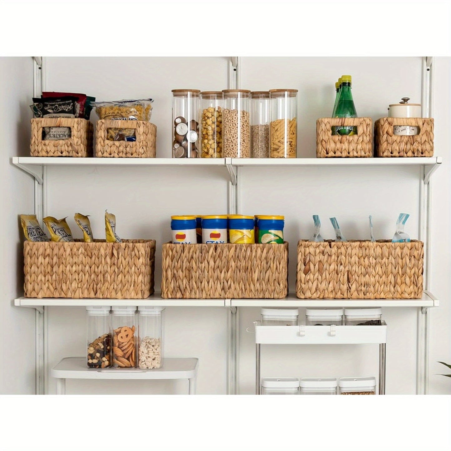 Storage Baskets, Seagrass and Water Hyacinth with Built-In Handles in Six Style Options with Material, Size and Pack Options for Shelf