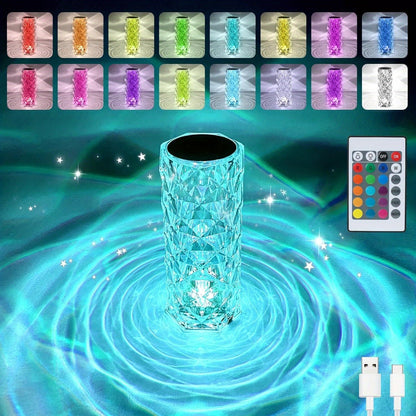 Crystal Diamond Rose Table Lamp RGB LED, Remote & Touch Control Dimmable USB Rechargeable Uplight for Home