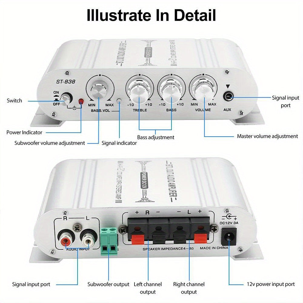 400W Car Audio Amplifier 2.1 Channel 12V Vehicle Sound System Stereo Bass Booster with Aluminum Alloy Housing