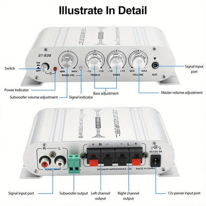 400 Watt 2.1 Channel Car Audio Stereo Amplifier, 12V Class A/B HIFI Power Amp with RCA & AUX Input, Subwoofer Output, Cast Iron Build