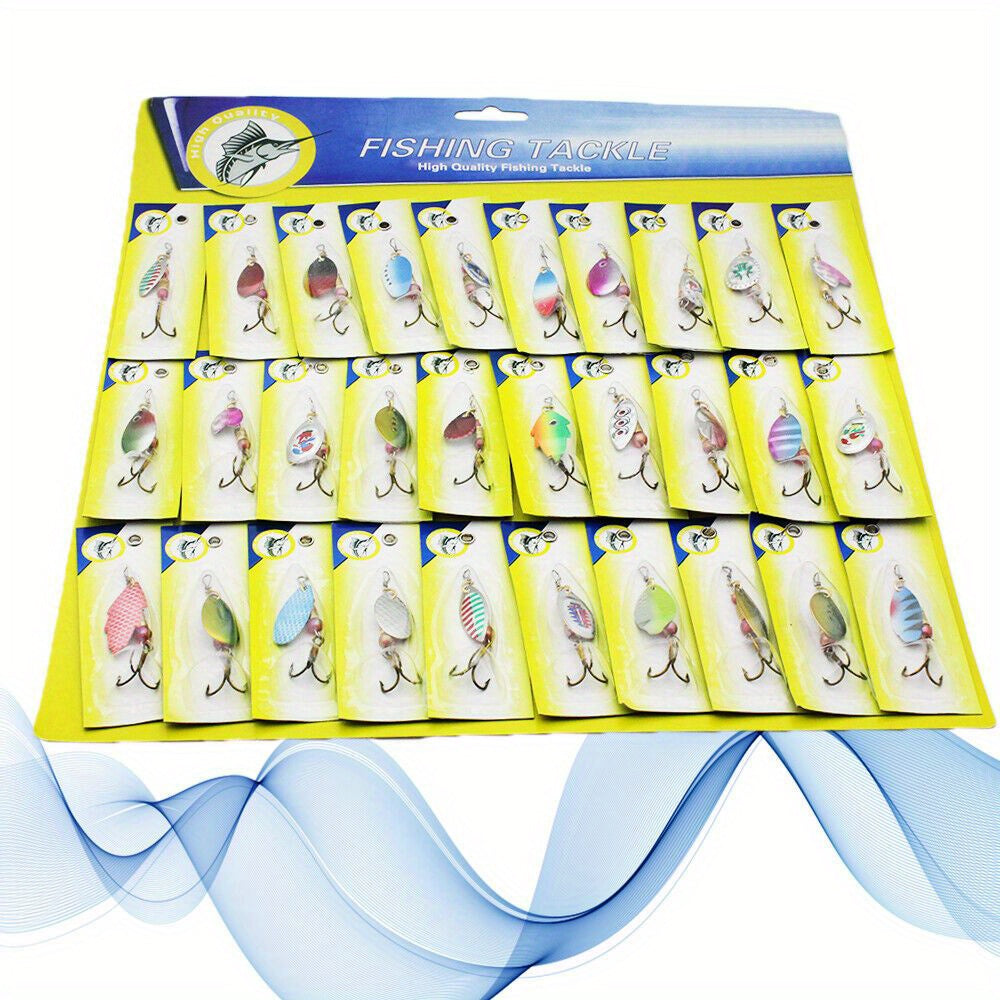 Fishing Lure Set 30-Piece Assorted Metal Spinner and Spoon Baits with Reflective Colors, Hooks and Display-Card Packaging