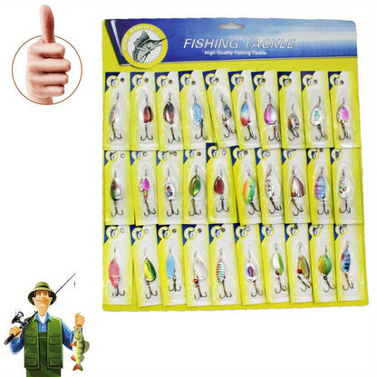 Fishing Lure Set 30-Piece Assorted Metal Spinner and Spoon Baits with Reflective Colors, Hooks and Display-Card Packaging