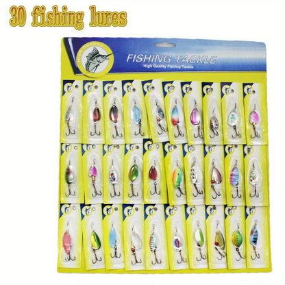 Fishing Lure Set 30-Piece Assorted Metal Spinner and Spoon Baits with Reflective Colors, Hooks and Display-Card Packaging