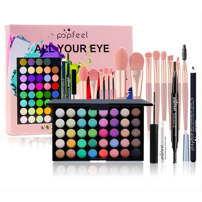Complete Eye Makeup Kit 40 Color Eyeshadow Palette with Mascara Eyeliner Eyebrow Pencil & Brush – Matte Shimmer Glitter Pigmented Blendable