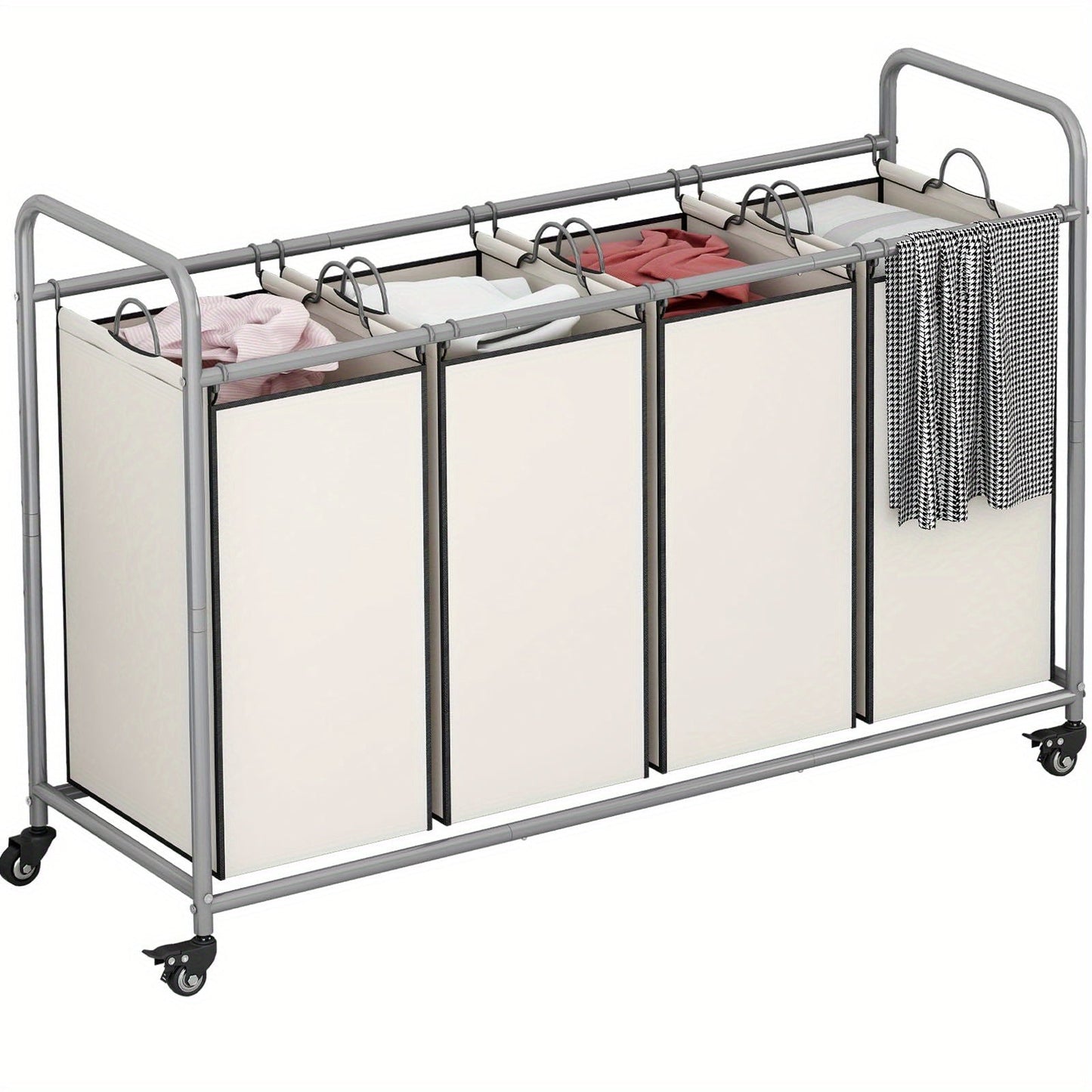 Rolling Laundry Sorter Hamper with Four Removable Fabric Bags, Caster Wheels and Four Color Configurations