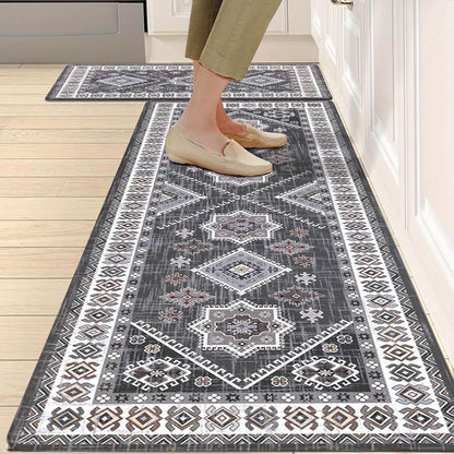 Kitchen Mat Set, 2-Piece Boho Distressed Cushioned Rugs in Five Color Patterns with 17.3x28 and 17.3x48-Inch Sizes