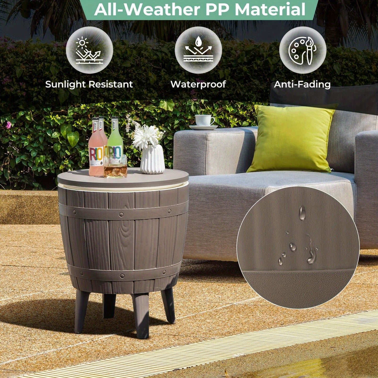 Outdoor Cooler Bar Table 3-in-1, 10 Gal Ice Bucket, Coffee Table & Serving Station, All-Weather PP