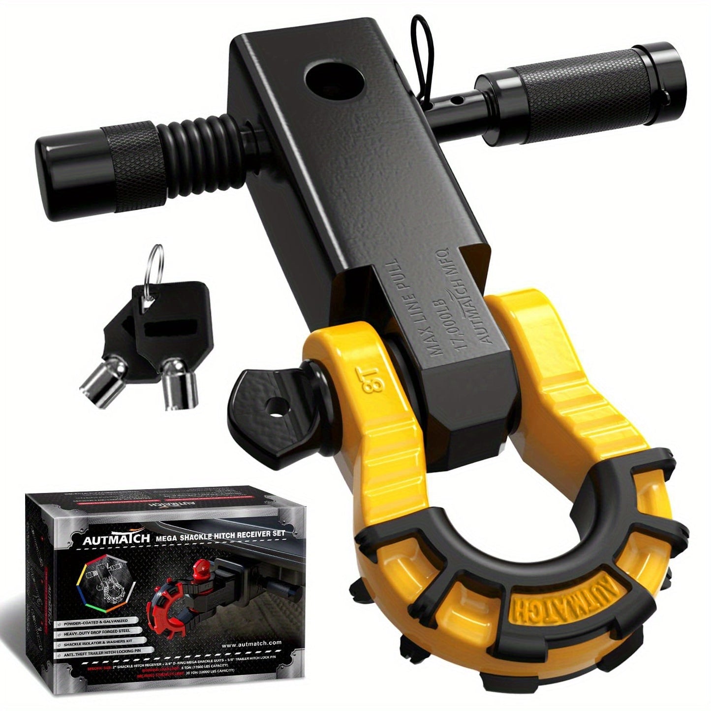 Shackle Hitch Receiver 2-Inch 68, 000 lb Break Strength with 3/4" D-Ring & 5/8" Hitch Lock Pin – Heavy Duty Drop Forged Steel 8-Ton Vehicle