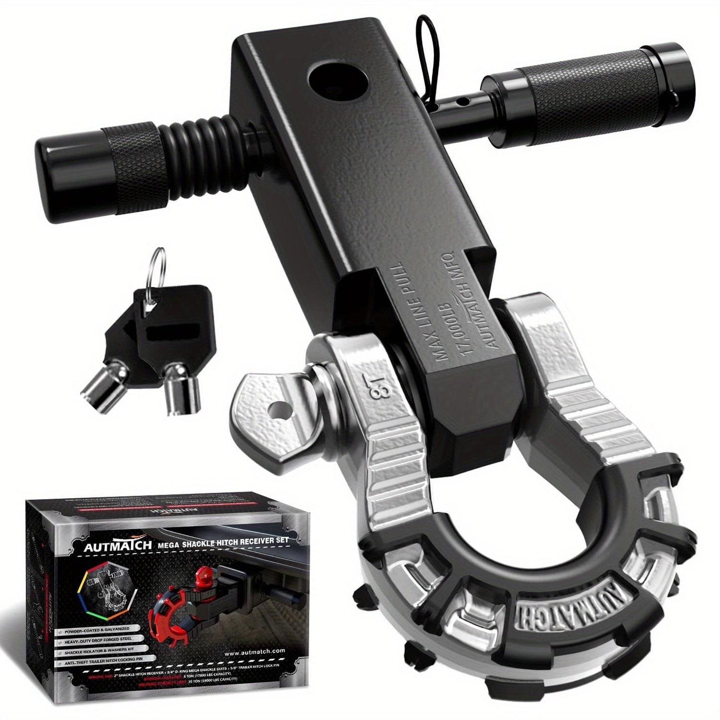 Shackle Hitch Receiver 2-Inch 68, 000 lb Break Strength with 3/4" D-Ring & 5/8" Hitch Lock Pin – Heavy Duty Drop Forged Steel 8-Ton Vehicle