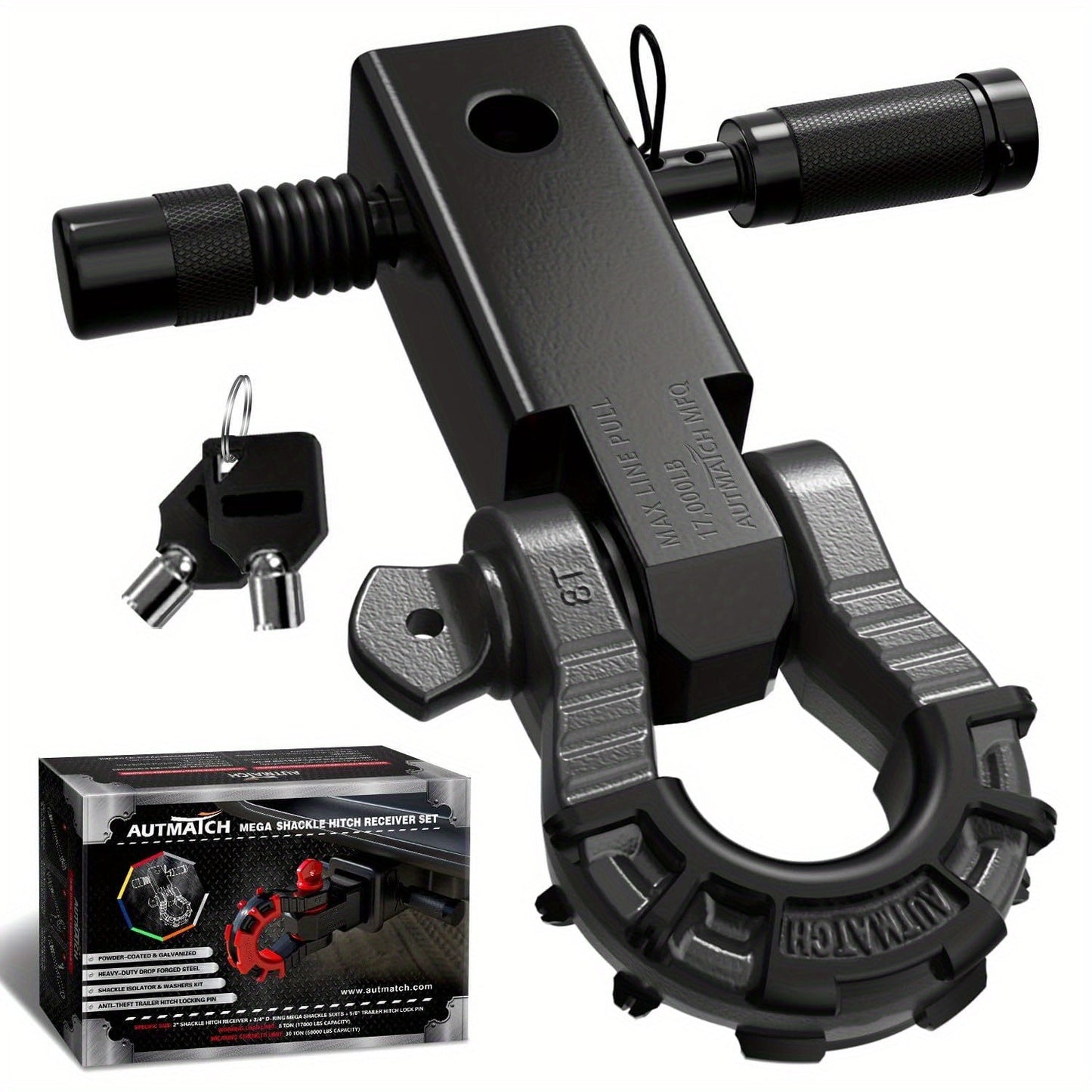 Shackle Hitch Receiver 2-Inch 68, 000 lb Break Strength with 3/4" D-Ring & 5/8" Hitch Lock Pin – Heavy Duty Drop Forged Steel 8-Ton Vehicle