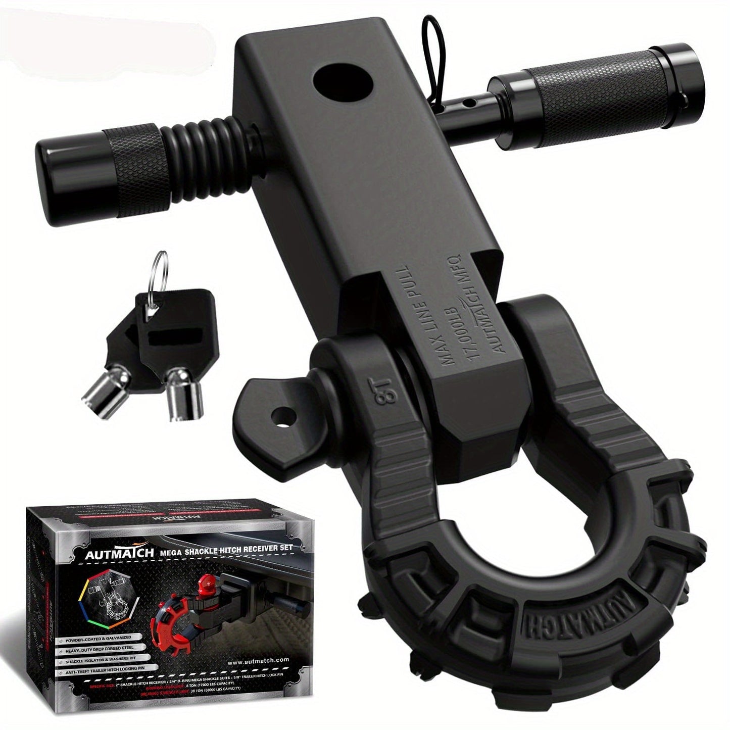 Shackle Hitch Receiver 2-Inch 68, 000 lb Break Strength with 3/4" D-Ring & 5/8" Hitch Lock Pin – Heavy Duty Drop Forged Steel 8-Ton Vehicle