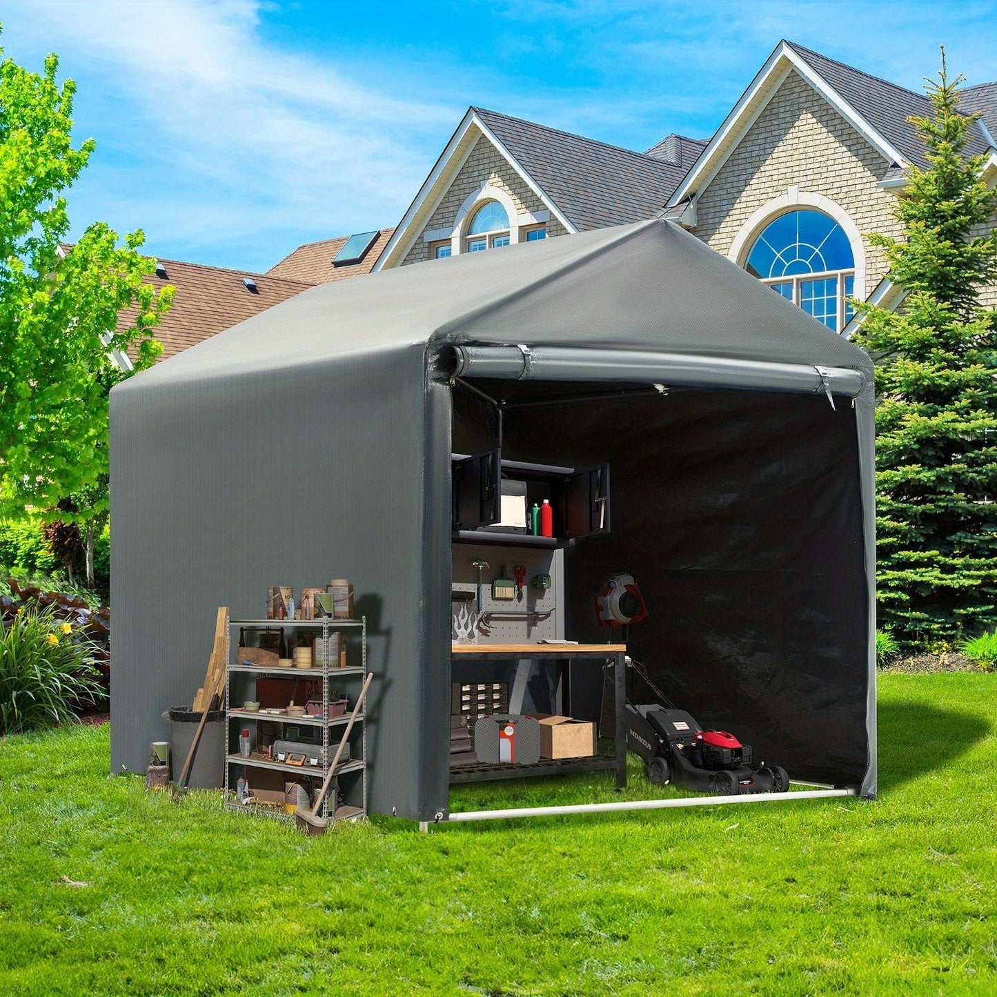 Portable PE-Tarpaulin Outdoor Storage Shelter with Steel Frame in 5 x 7.2 Ft or 6.3 x 8 Ft Sizes