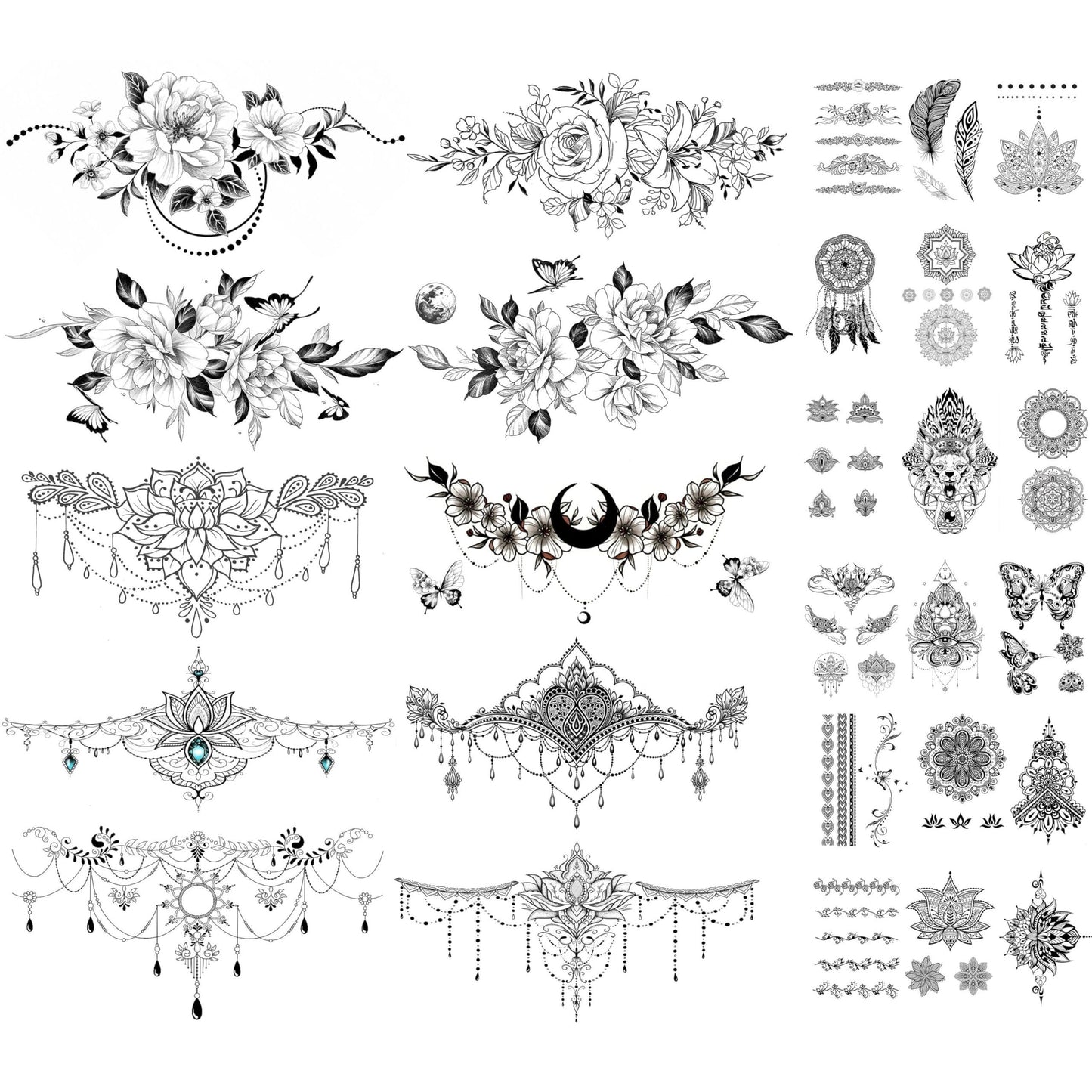 Temporary Tattoos, 10-Sheet Large Black Body Art Set with 60-Plus Floral, Ornamental and Symbol Motifs