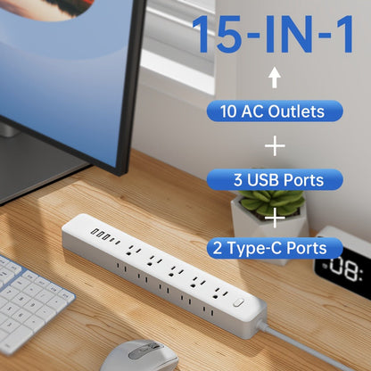 Wall Mount Power Strip 15-in-1 Slim Long Strip, 10 AC Outlets & 5 USB Ports (3 USB-A + 2 USB-C), Surge Protection Overload Protection