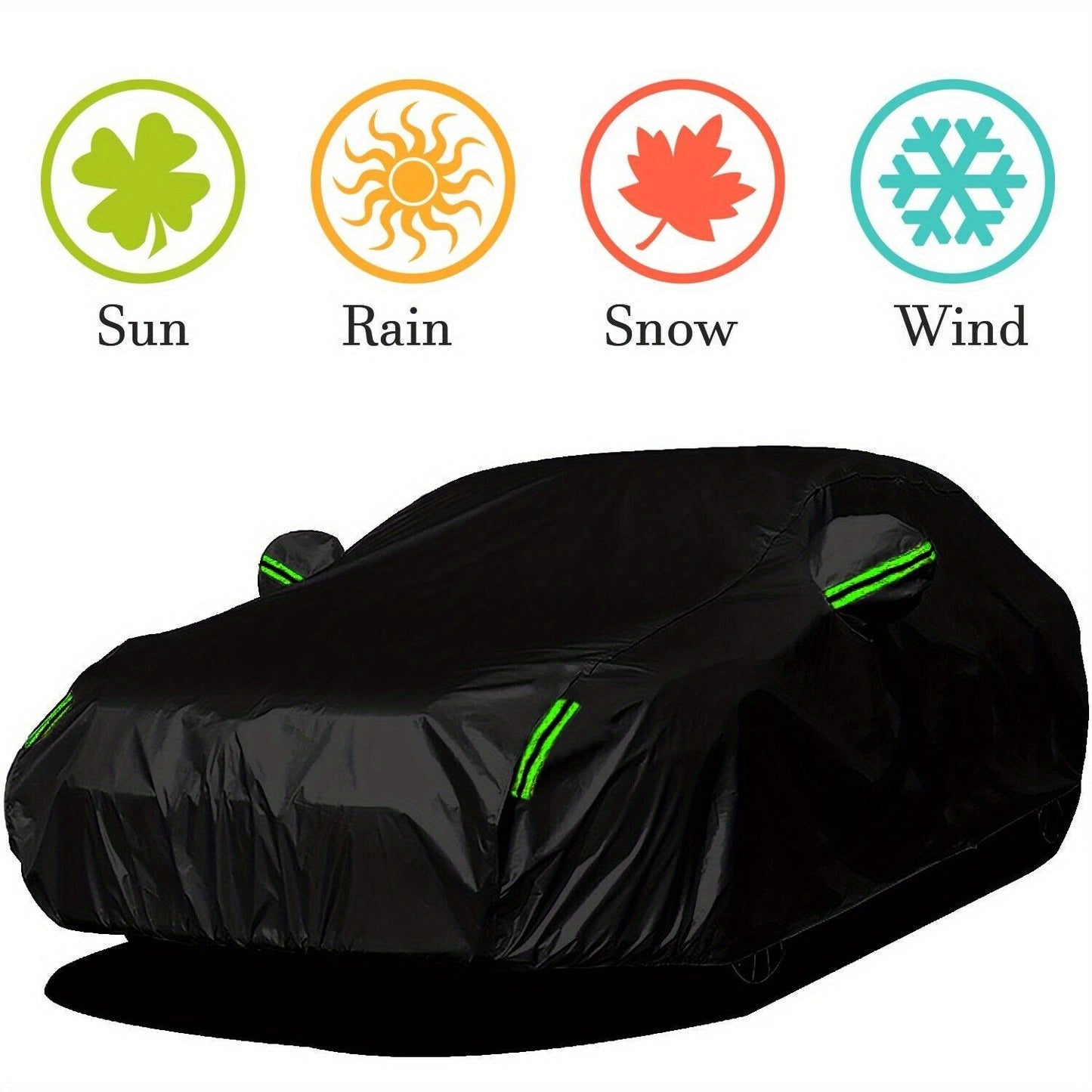Black Full Car Cover with Green Reflective Tabs, Storage Bag and 5.1 x 2 x 1.5 m Vehicle Fit Size