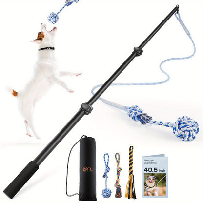 Dog Flirt Pole Telescopic – Extendable Flirt Stick with 3 Detachable Toys & Nylon Rope, Aluminum Alloy Dog Chase Toy