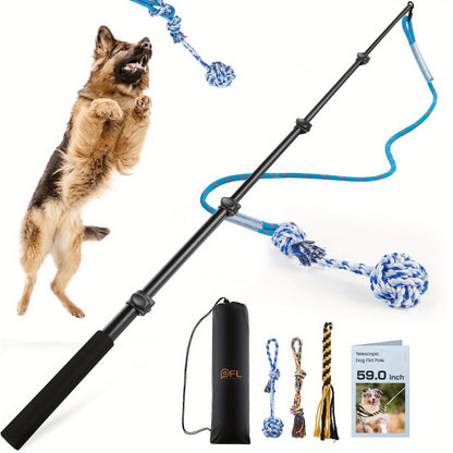 Dog Flirt Pole Telescopic – Extendable Flirt Stick with 3 Detachable Toys & Nylon Rope, Aluminum Alloy Dog Chase Toy