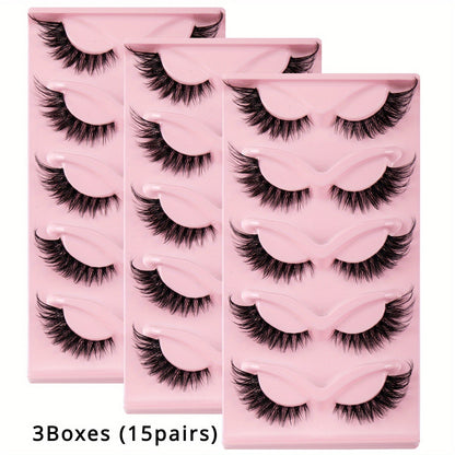 Cat-Eye False Eyelashes Set with 15 Pairs in Three Pink Storage Trays and Clear Lash Bands