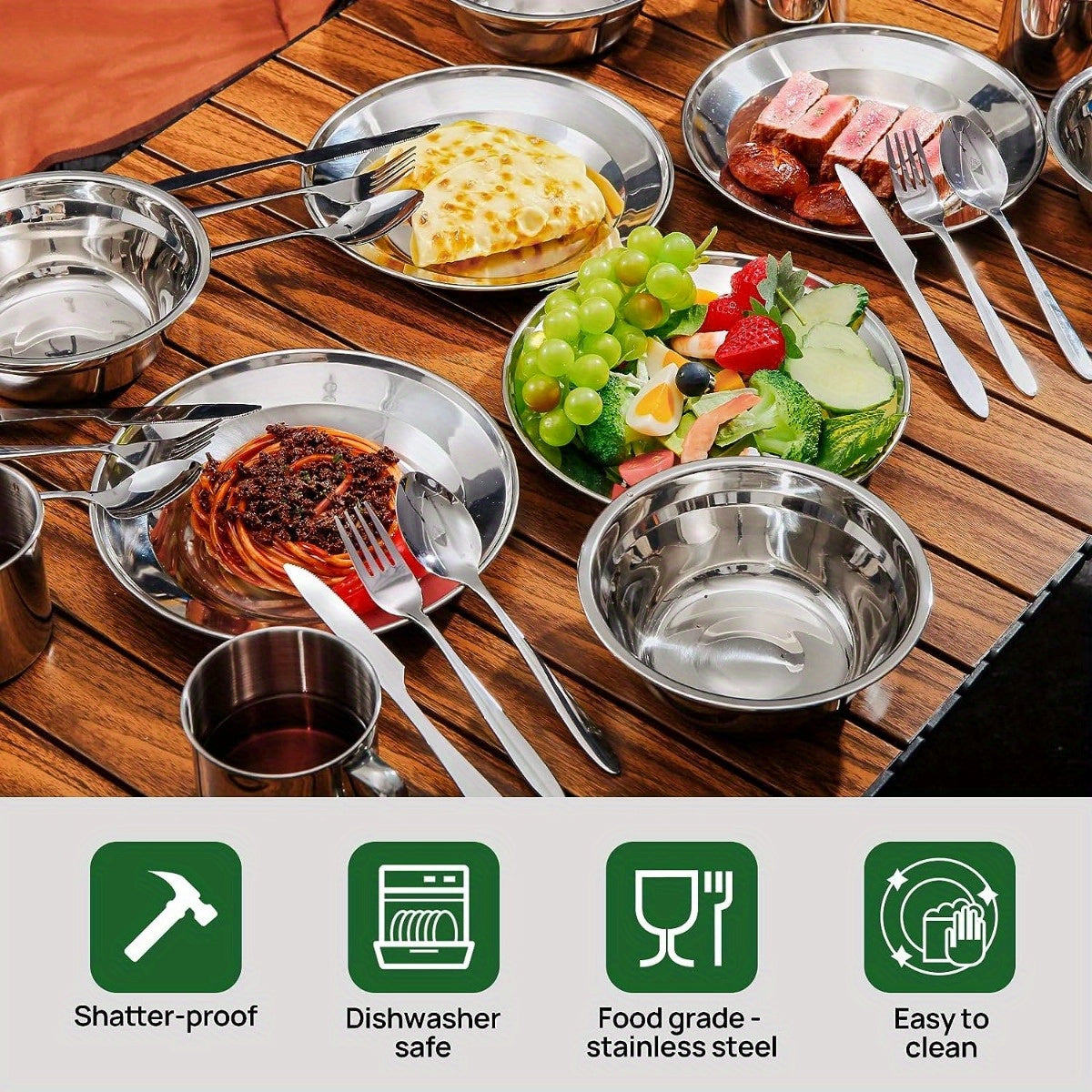 Stainless Steel Camping Mess Kit 29 Piece Dinnerware Set – Plates Bowls Mugs Cutlery, for Camping, Travel and Outdoor Use
