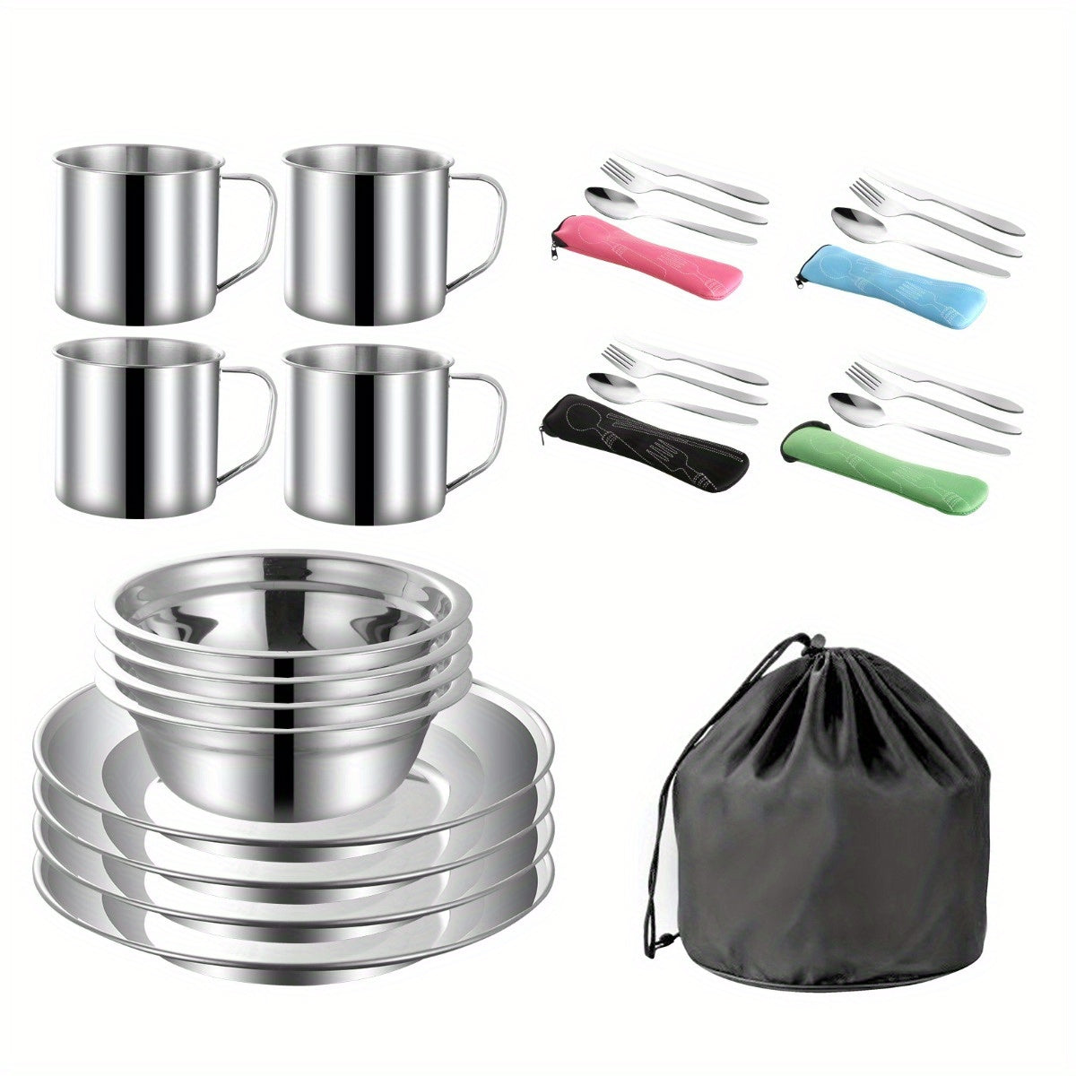Stainless Steel Camping Mess Kit 29 Piece Dinnerware Set – Plates Bowls Mugs Cutlery, for Camping, Travel and Outdoor Use