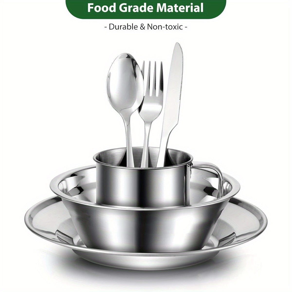 Stainless Steel Camping Mess Kit 29 Piece Dinnerware Set – Plates Bowls Mugs Cutlery, for Camping, Travel and Outdoor Use