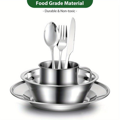 Stainless Steel Camping Mess Kit 29 Piece Dinnerware Set – Plates Bowls Mugs Cutlery, for Camping, Travel and Outdoor Use