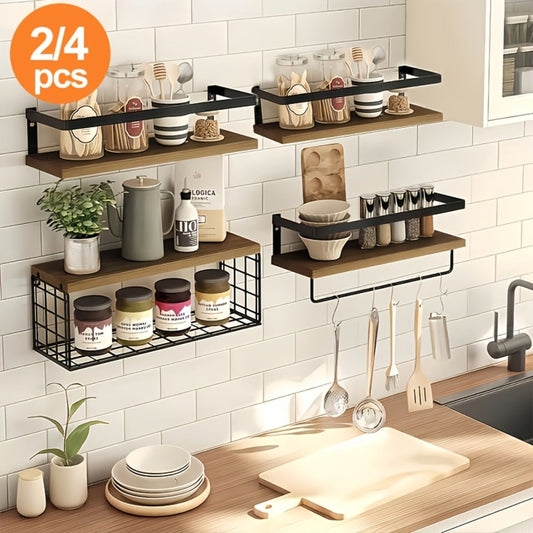 Rustic Wall-Mounted Shelf Sets in Two- or Four-Piece Configurations with Wood Platforms and Black Metal Storage Racks