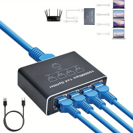 Gigabit Ethernet Splitter 1 to 4 Port 1000Mbps High-Speed LAN Network Adapter with USB Power Cable