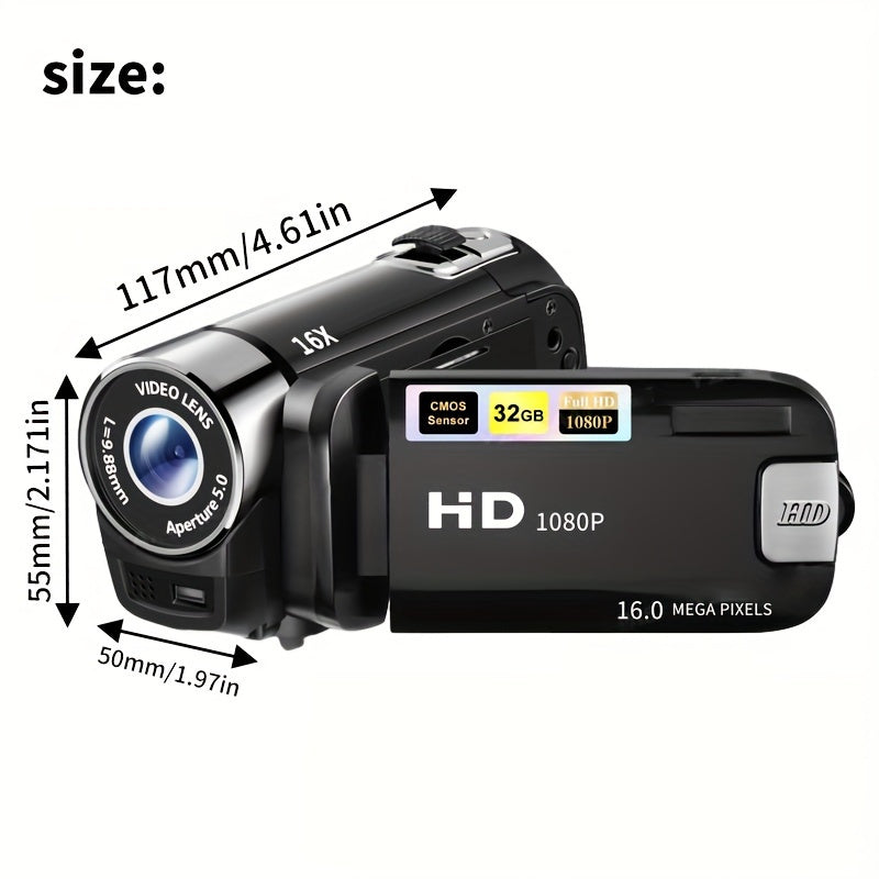 Digital Camera with Flip Screen, Camcorder with 1080P Video, 16MP Capture Marking, 16X Digital Zoom, 270° Flip Screen and 32GB Card
