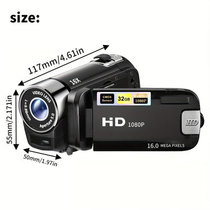 Digital Camera with Flip Screen, Camcorder with 1080P Video, 16MP Capture Marking, 16X Digital Zoom, 270° Flip Screen and 32GB Card