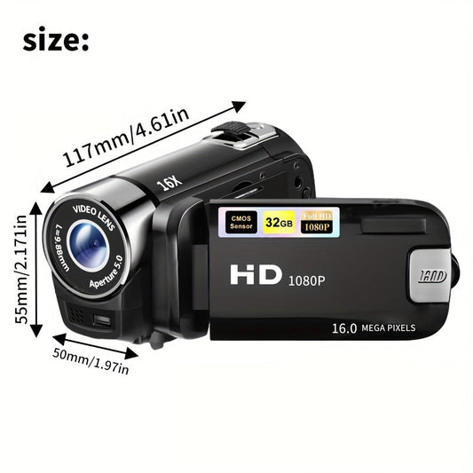 Digital Camera with Flip Screen, Camcorder with 1080P Video, 16MP Capture Marking, 16X Digital Zoom, 270° Flip Screen and 32GB Card