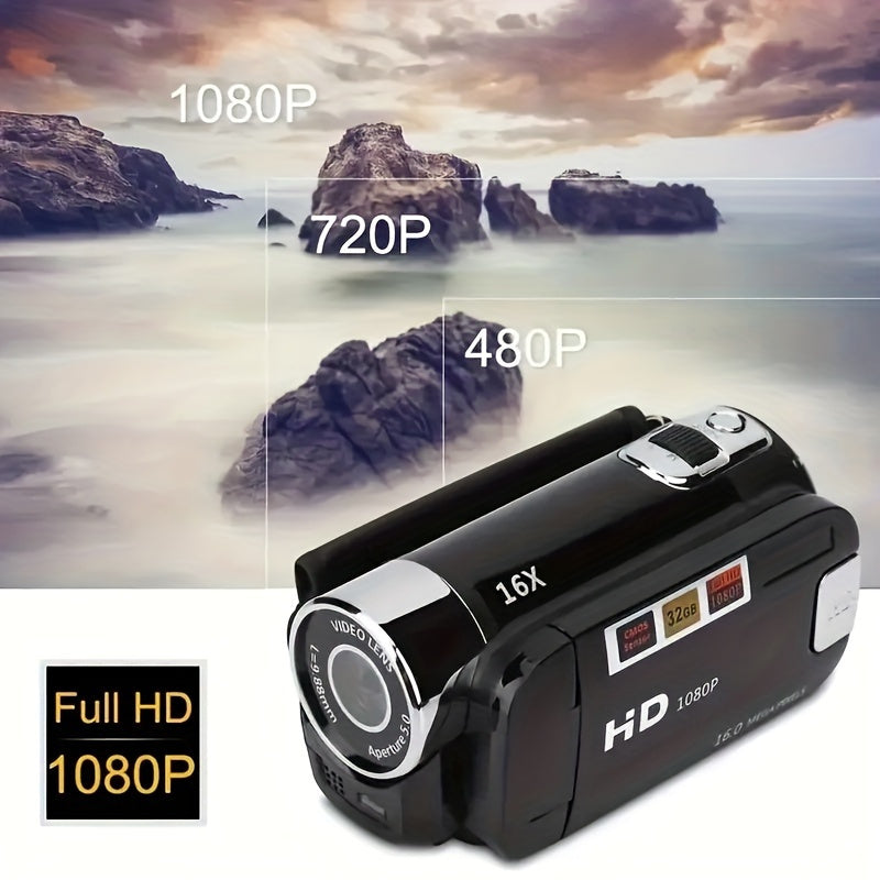 Digital Camera with Flip Screen, Camcorder with 1080P Video, 16MP Capture Marking, 16X Digital Zoom, 270° Flip Screen and 32GB Card