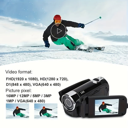 Digital Camera with Flip Screen, Camcorder with 1080P Video, 16MP Capture Marking, 16X Digital Zoom, 270° Flip Screen and 32GB Card