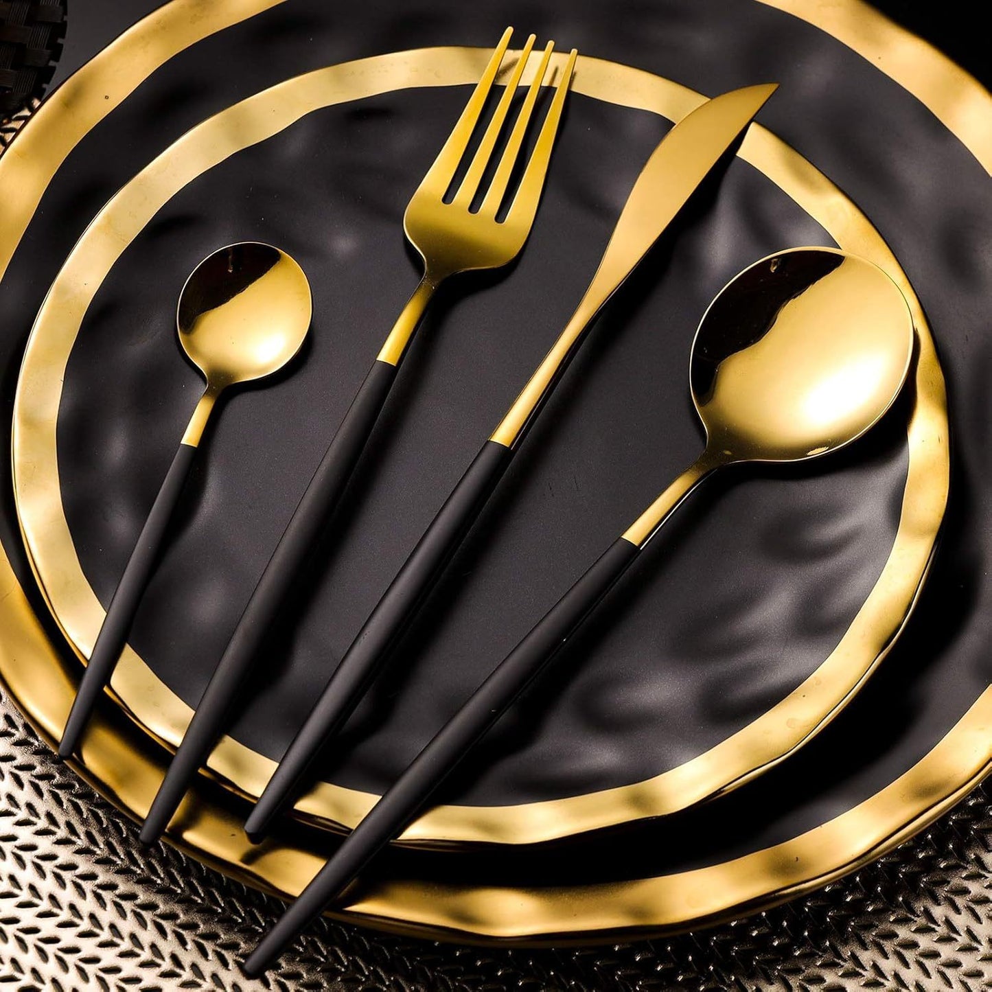 Twenty-Four-Piece Black and Gold Flatware Set for Six with Forks, Knives and Two Spoon Sizes