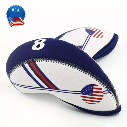 Golf Iron Club Covers USA Flag Neoprene Zipper Head Covers Machine Washable Fits Standard Irons Blue White Patriotic Design for Men Women