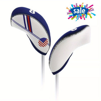 Golf Iron Club Covers USA Flag Neoprene Zipper Head Covers Machine Washable Fits Standard Irons Blue White Patriotic Design for Men Women