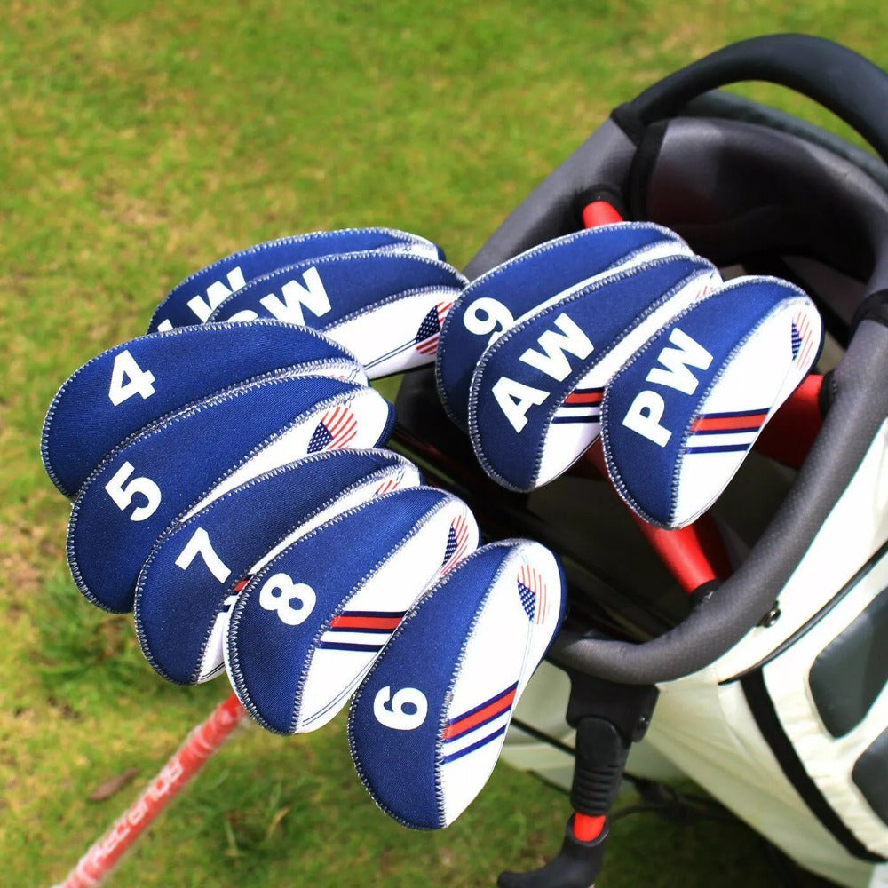 Golf Iron Club Covers USA Flag Neoprene Zipper Head Covers Machine Washable Fits Standard Irons Blue White Patriotic Design for Men Women