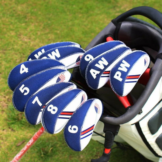Golf Iron Club Covers USA Flag Neoprene Zipper Head Covers Machine Washable Fits Standard Irons Blue White Patriotic Design for Men Women