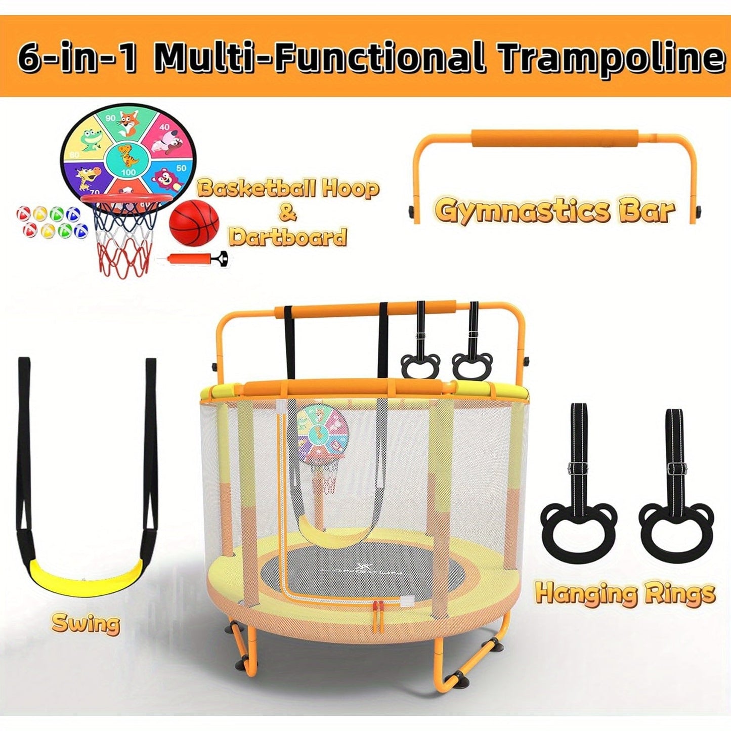 60 Inch Kids Trampoline 6-in-1 with Safety Net Enclosure, Basketball Hoop, Swing, Dart Board & Gymnastic Rings